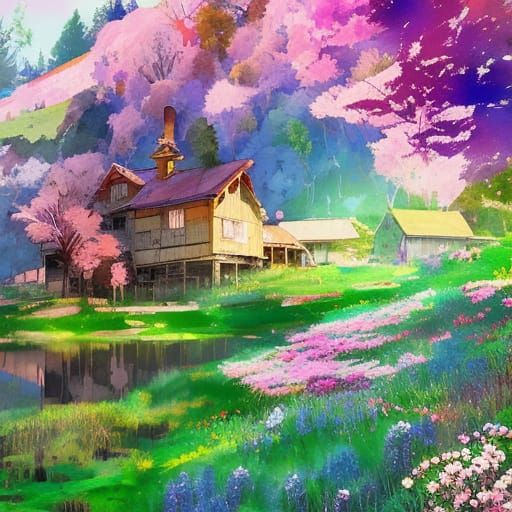 Farmhouse in Blossom Valley, Watercolour Painting