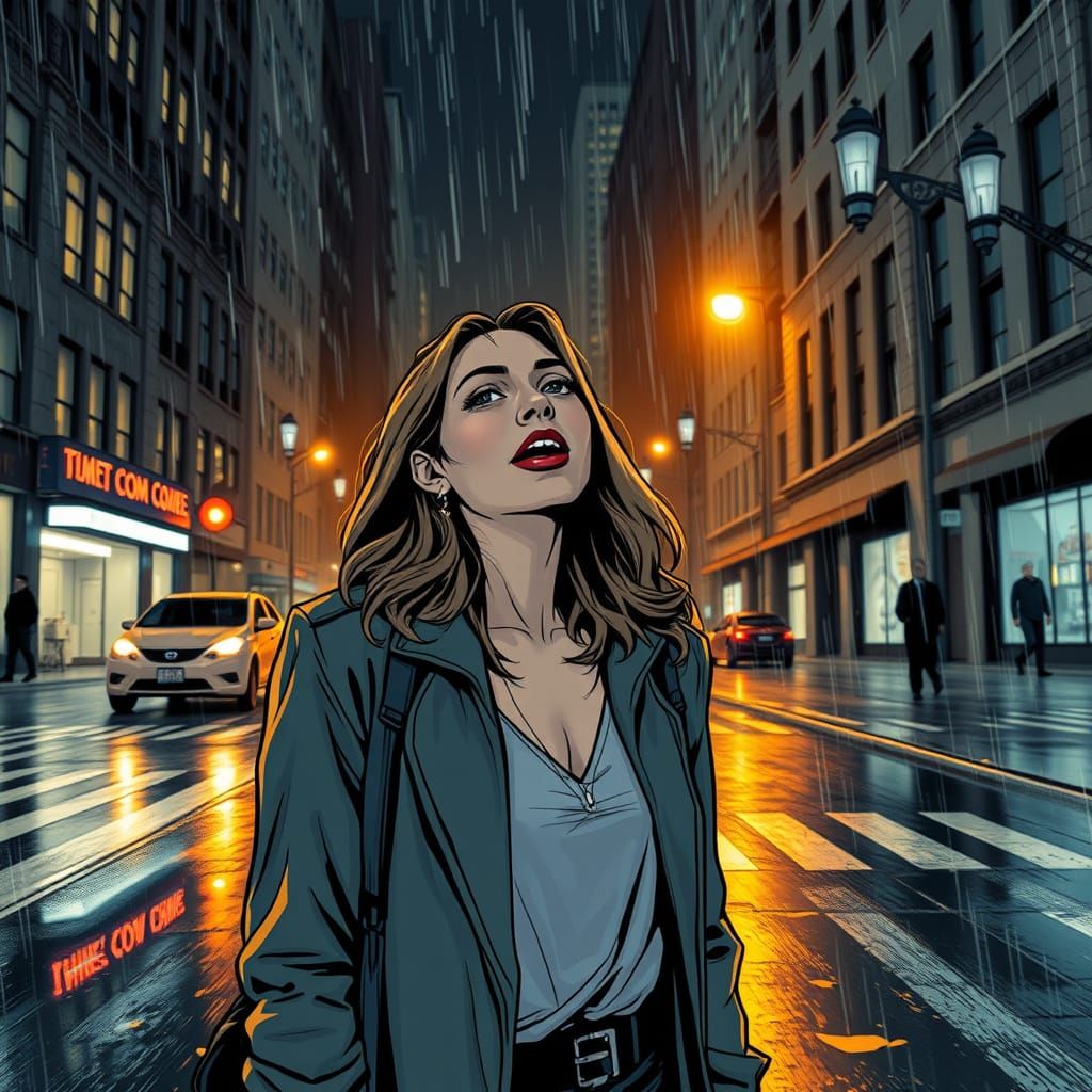Rainy Night Serenade: Comic Book Style Illustration