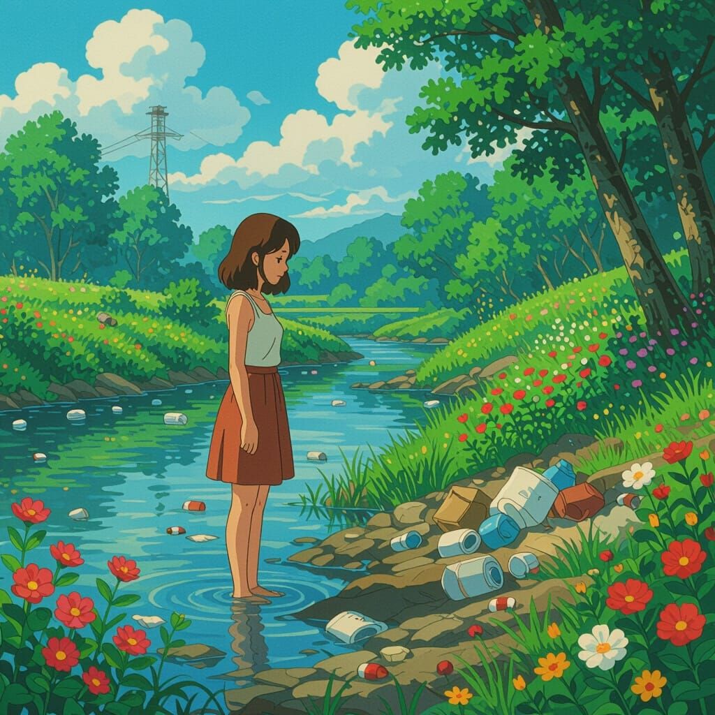 Ghibli-Style Woman by Polluted River