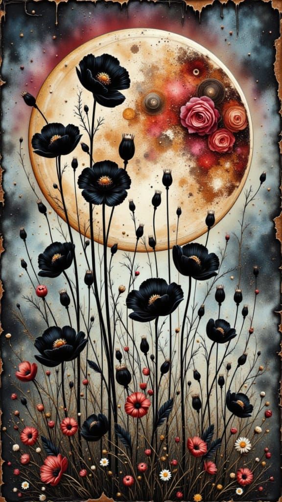 Black Poppies Under a Crescent Moon