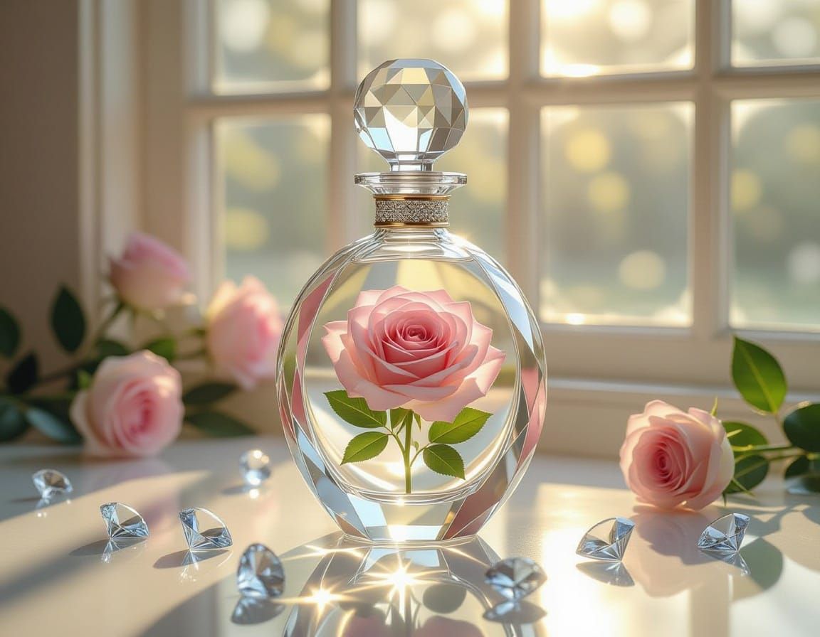 Sparkling Crystal Bottle with Rose and Diamonds in Sunlight