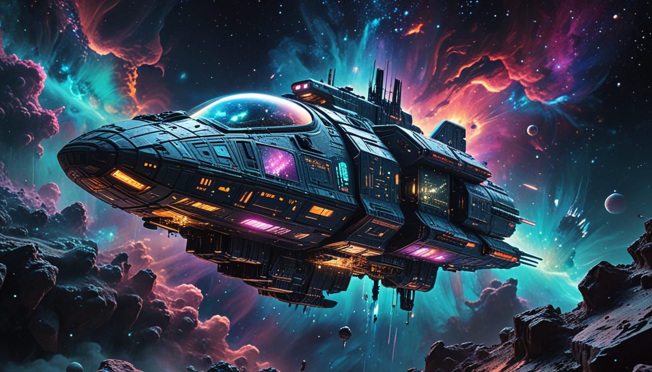 Majestic Spaceship Navigates Cosmic Nebula in Graffiti Art