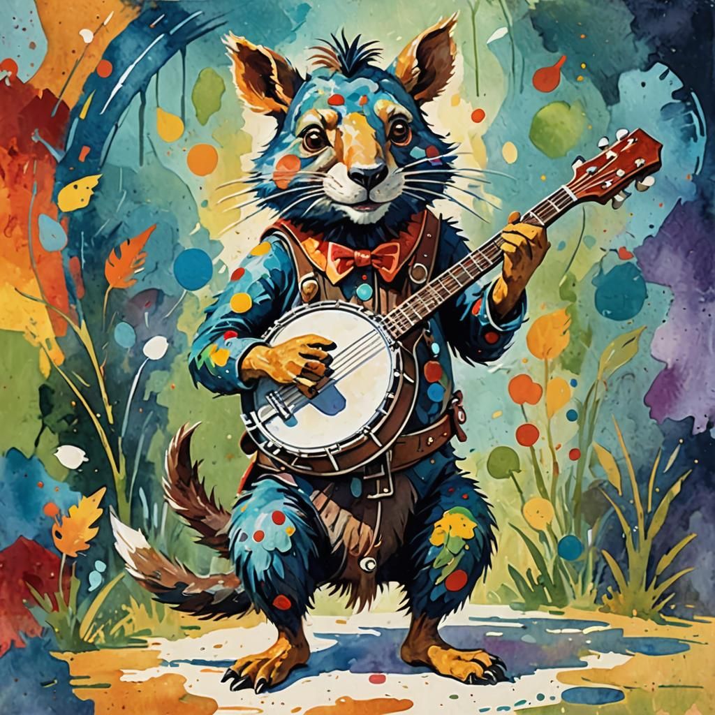 Weird Animal Plays Banjo in Gouache Style