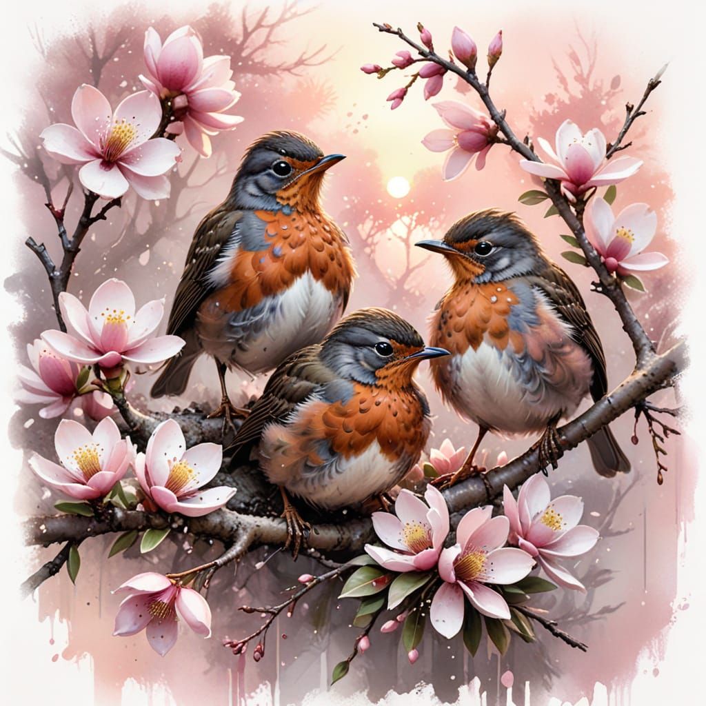 Robin Chicks on Magnolia Branch in Blush-Pink Wash