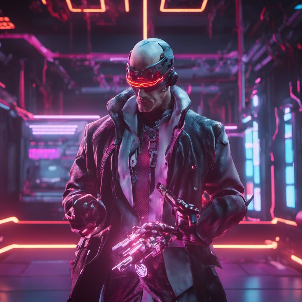 Cyberpunk Hacker Villain in 3D Game Cinematic Style