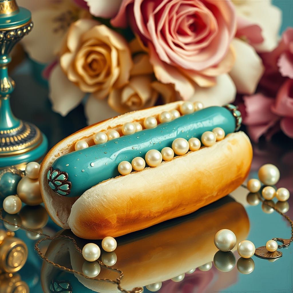 Turquoise Pearl Hotdog: Neo-Impressionist Still Life