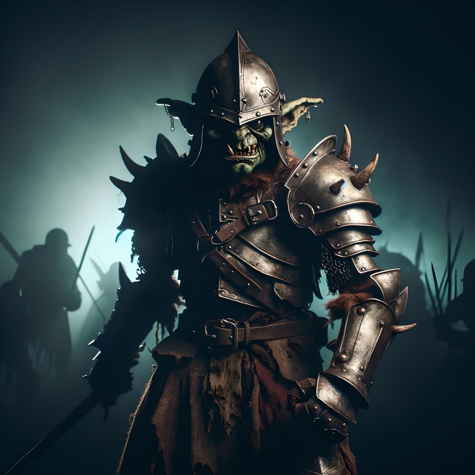 Menacing Goblin Warrior in Dimly Lit Battlefield
