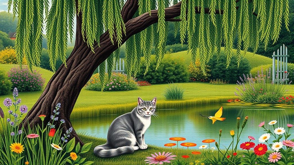 Whimsical Cat in Willow Tree Country Scene, in Needlepoint S...