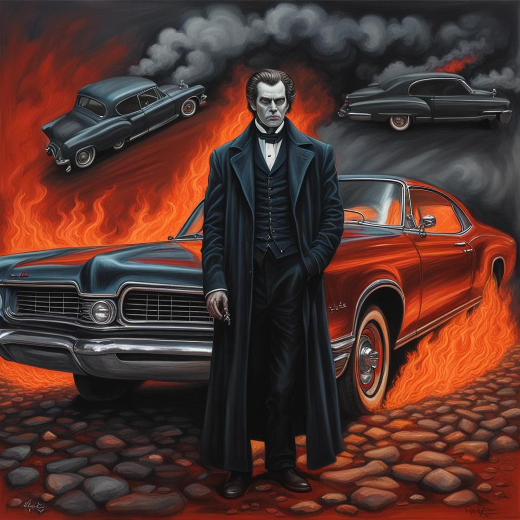 1900s Vampire Portrait with Classic Car, Detailed Painting