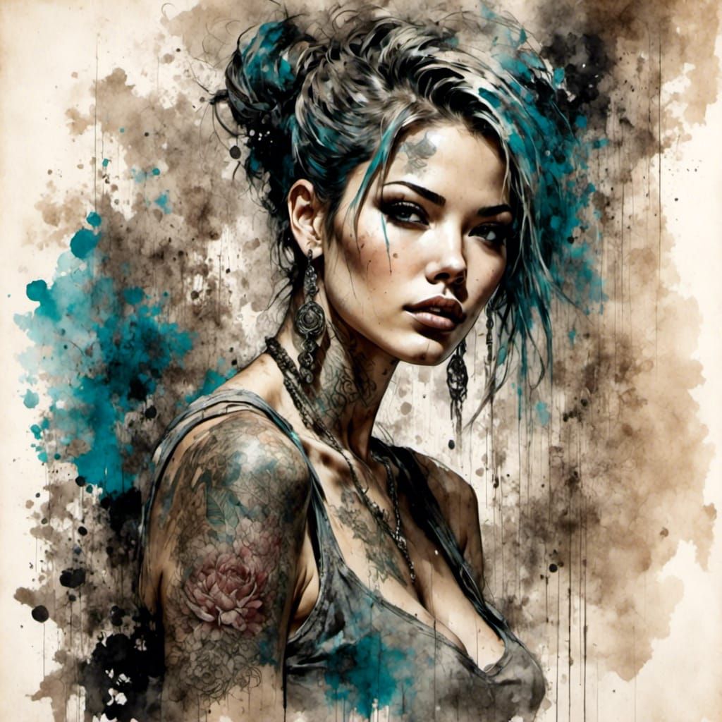 Tattooed Woman in Antique Watercolor Style