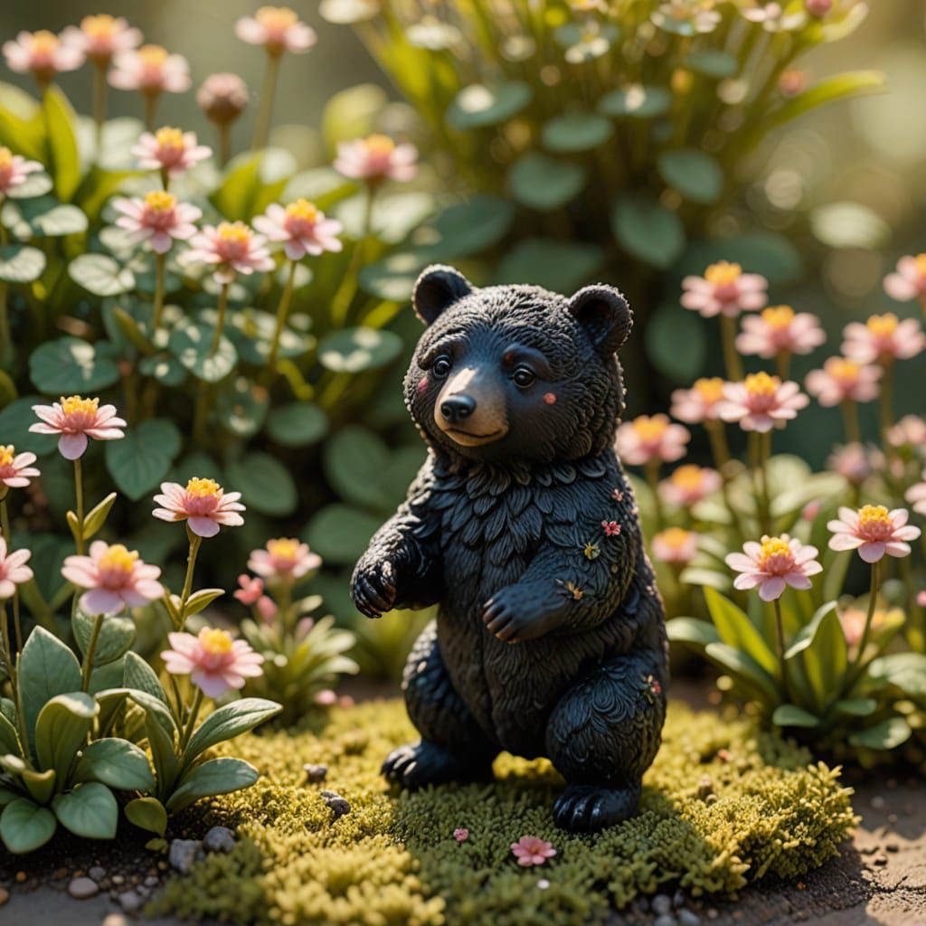 Delicate Miniature Bear in a Vibrant Garden Scene