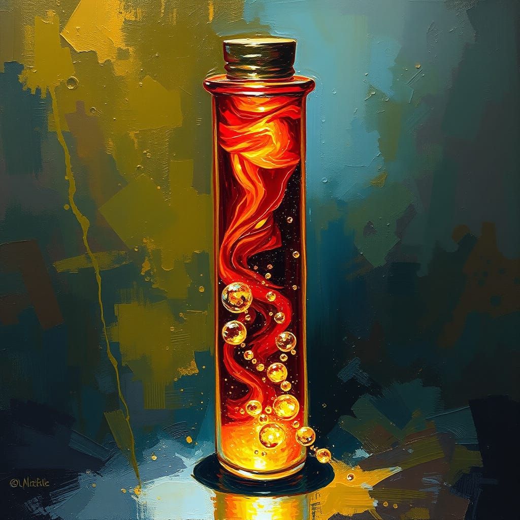 Vial of Swirling Crimson and Gold Potion, Neo-Impressionist ...