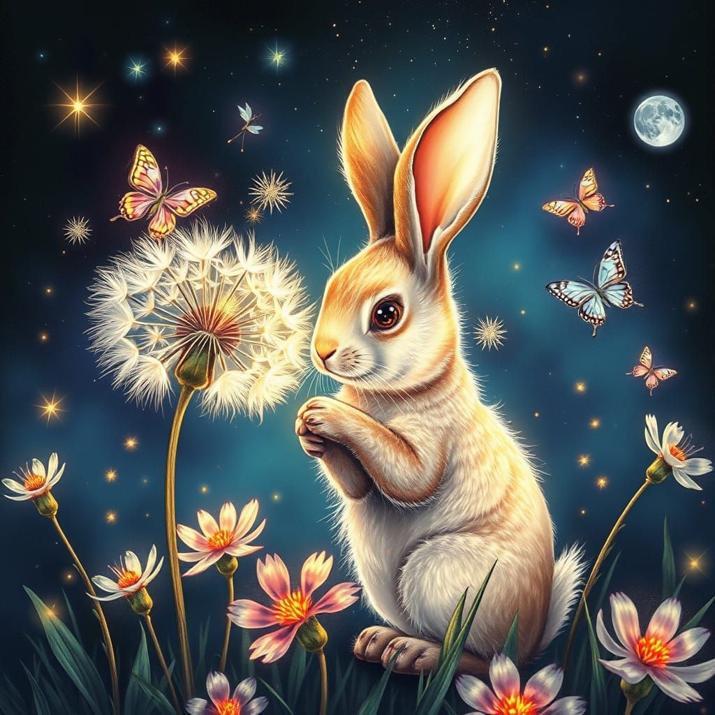 Whimsical Glowing Dandelion Bunny in Botanical Ink Drawing S...