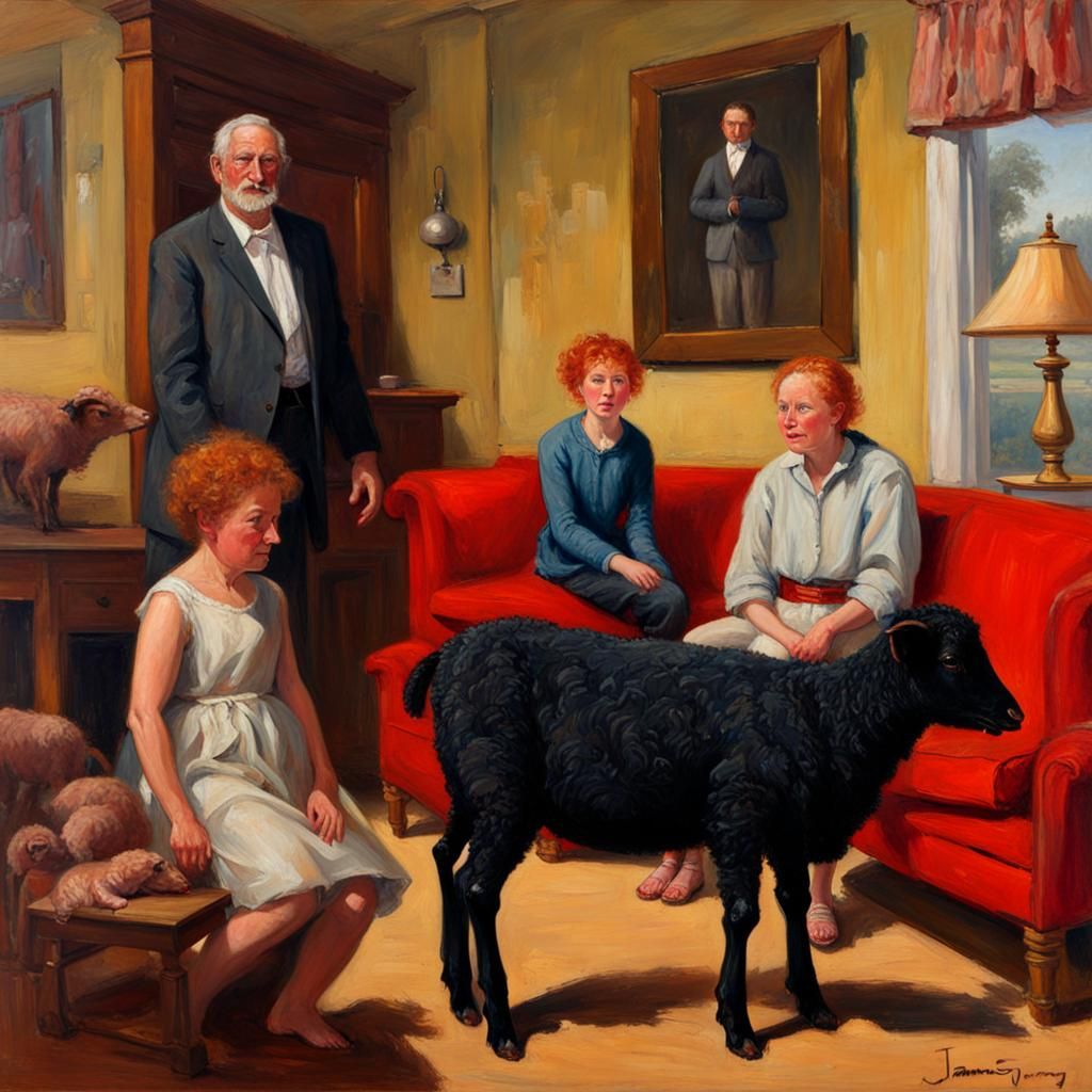 Black Lamb in Open Living Room: Oil Painting
