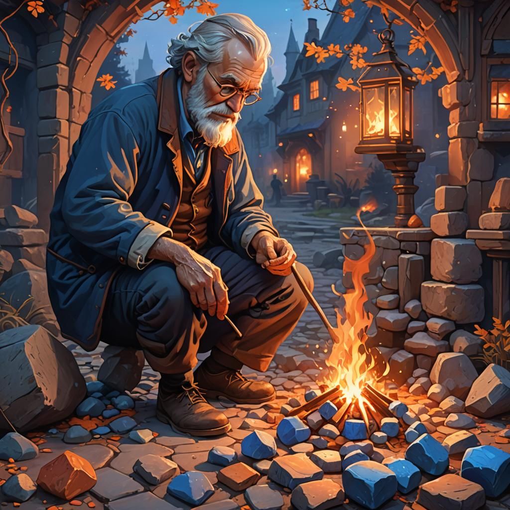 Old Man Rubbing Stones to Make Fire, Art Nouveau