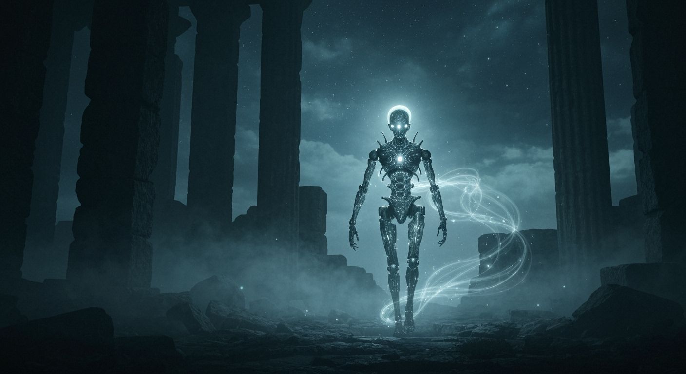 Spectral Automaton Wanders Ancient Ruin Under Starry Sky