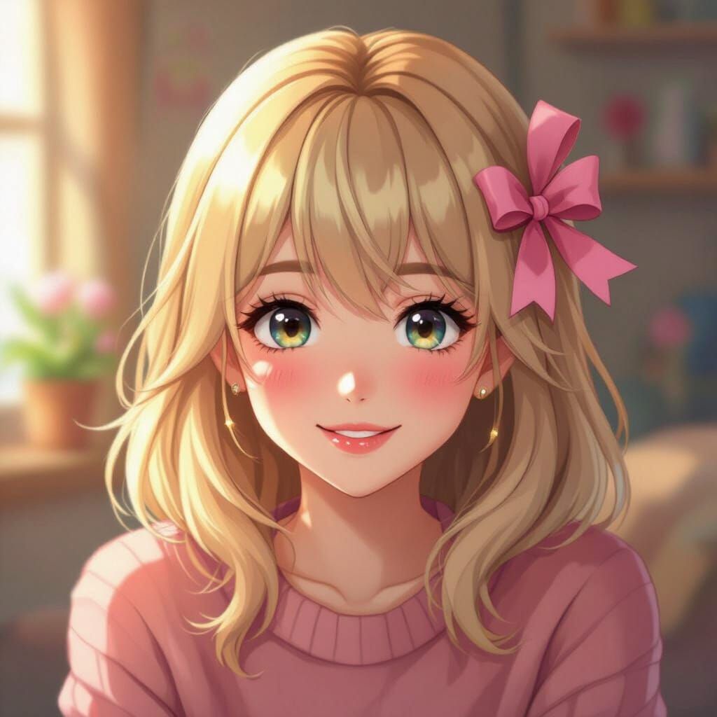 Anime Girl with Blonde Hair and Pink Ribbon