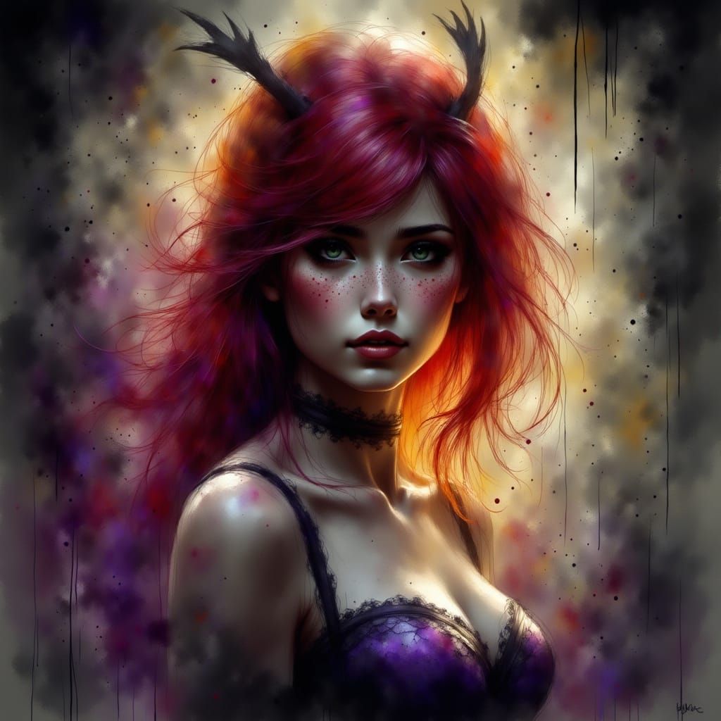 Muscular Red-Haired Woman in Harness: Dark Fantasy Art