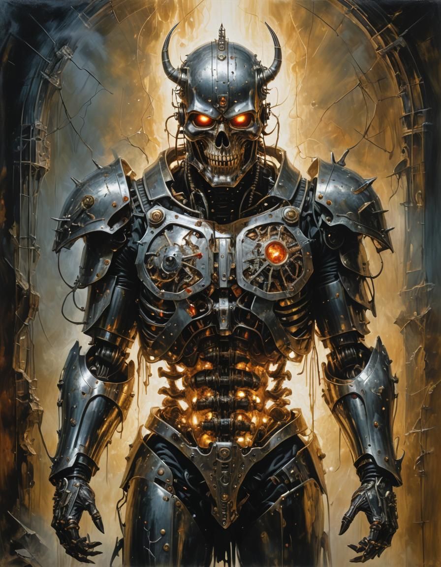 Surreal Armored Figure in Dark Oil Painting Style