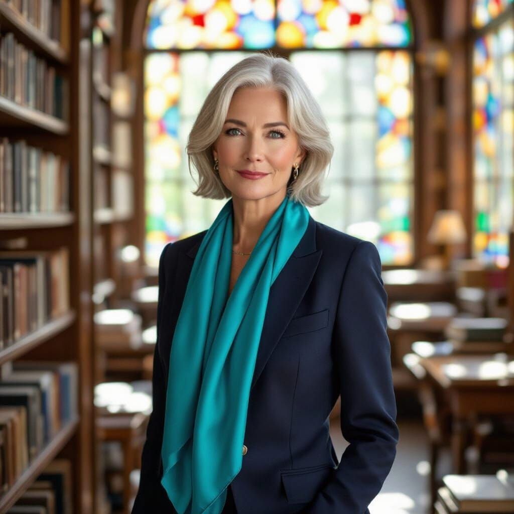 Elegant Woman in Library, Photorealistic Portrait