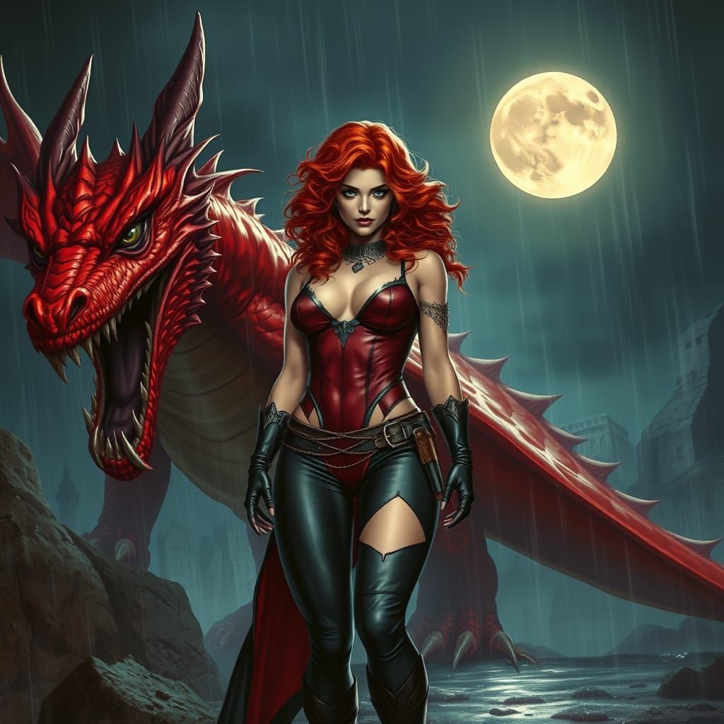 Medieval Sorceress and Dragon in Dramatic Lighting