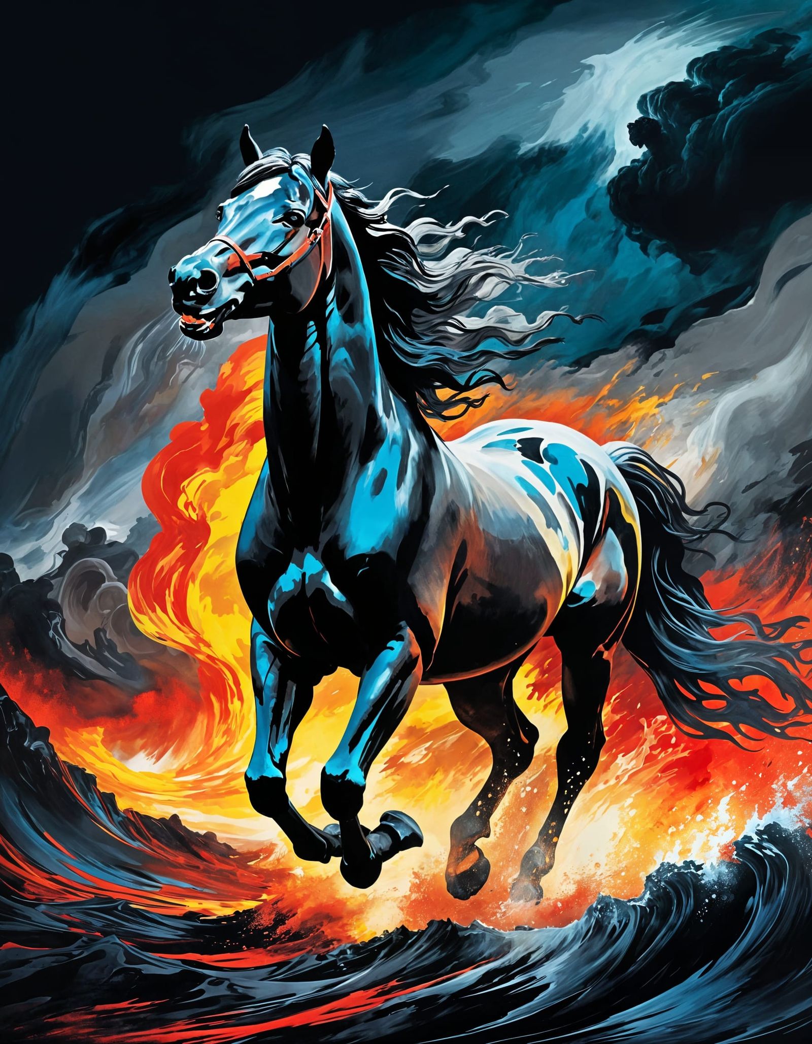 Majestic Horse Runs on Lava in Vivid Color Painting