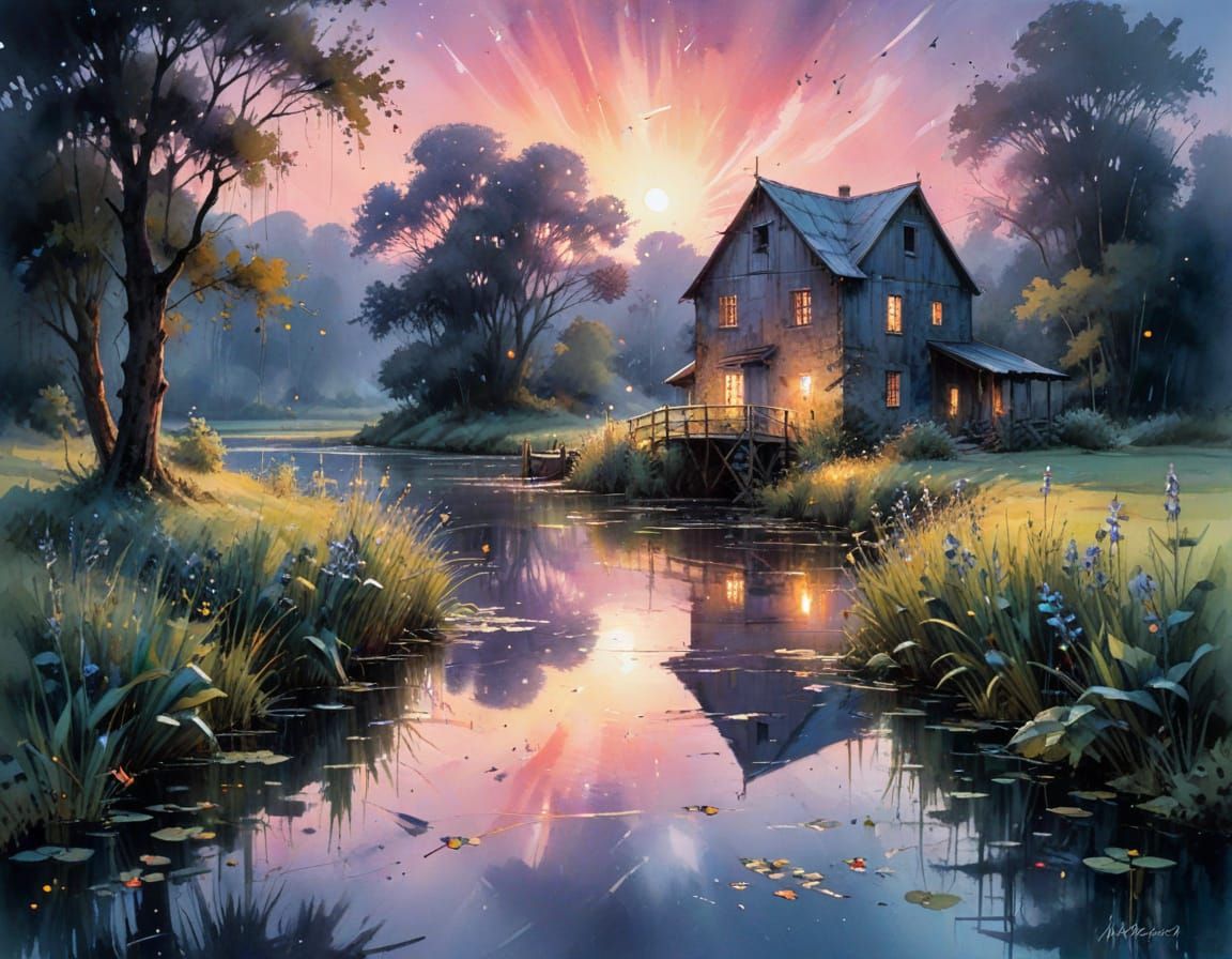 Millpond at Dusk: Harmonious Watercolor Artwork