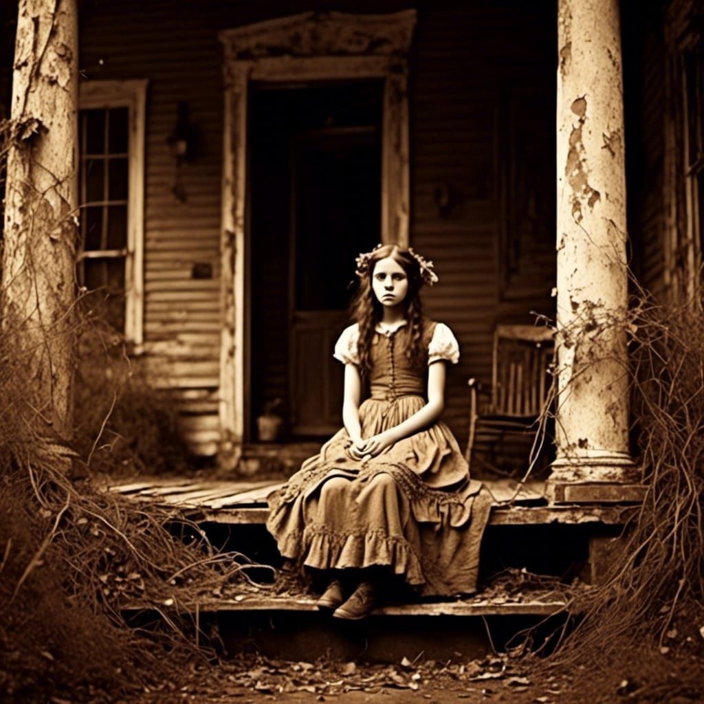 Macabre Sepia Photo of Girl on Louisiana Porch