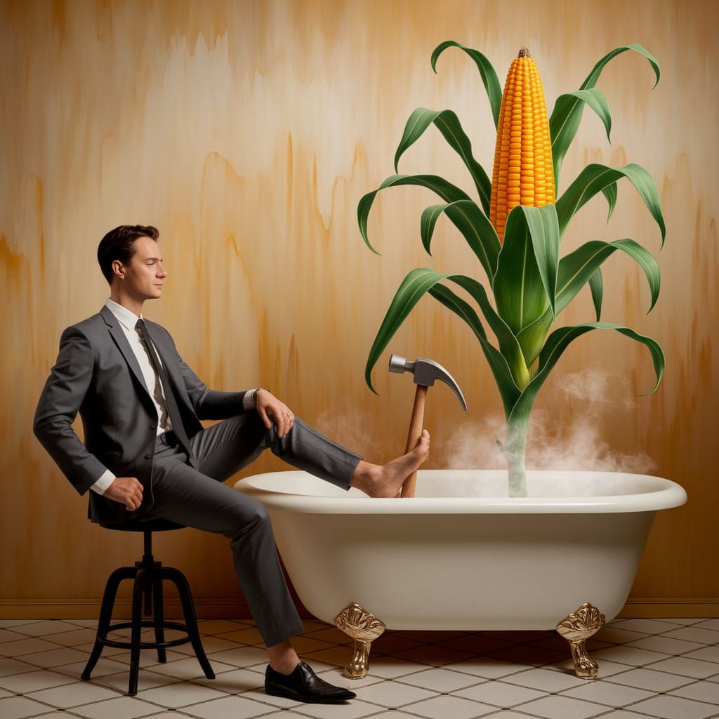Surreal Corn Foot Bathtub Scene in Dali Style