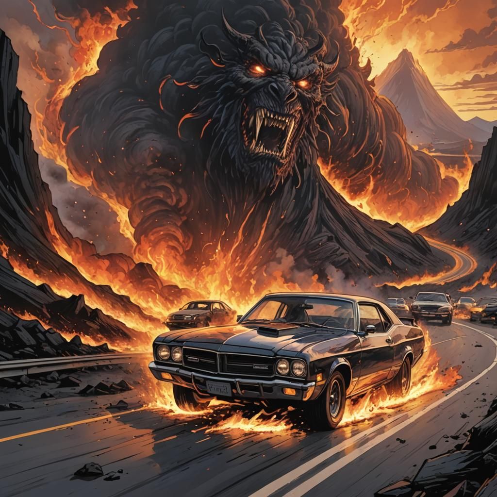 Fiery Car on Highway to Hell: Comic Book Art