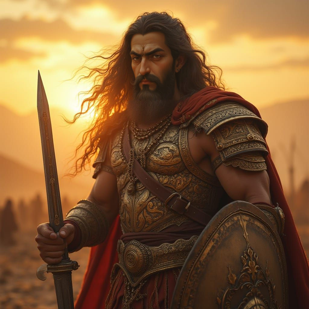 Heroic Persian Warrior Rostam in Ancient Battle Attire