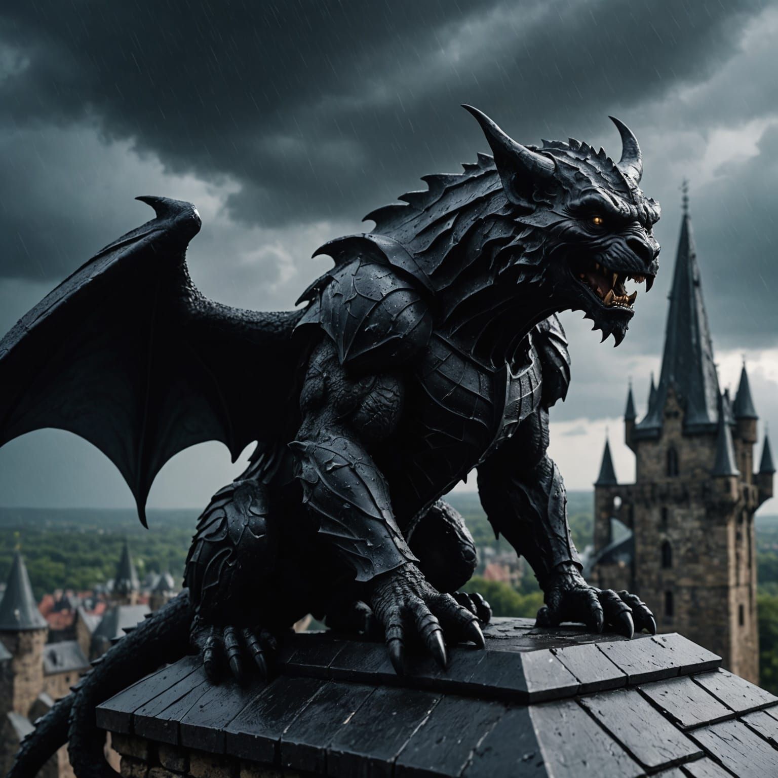 Obsidian Gargoyle on Gothic Castle in Rain