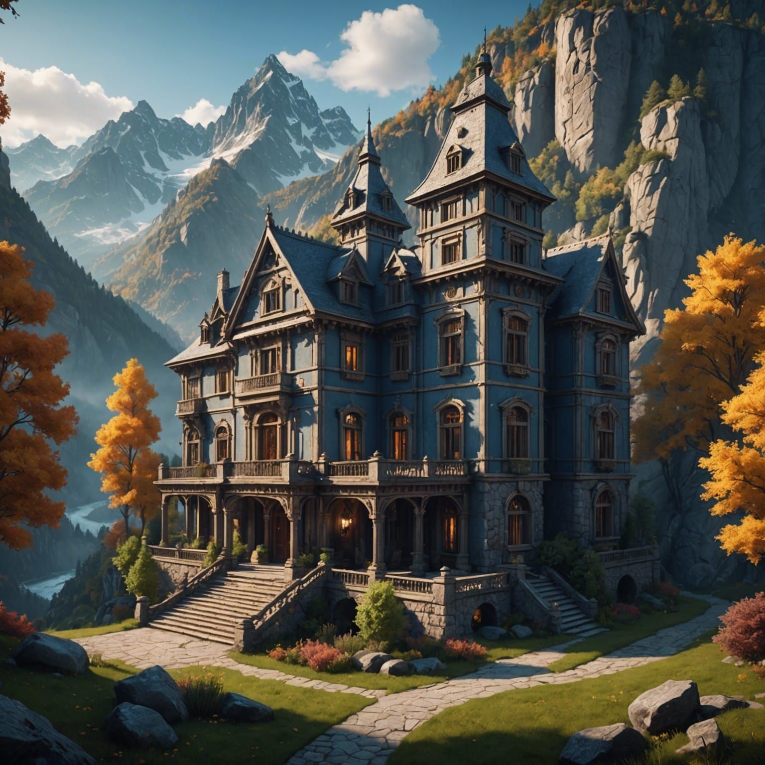 Mountain Mansion: Detailed Matte Painting in 8K