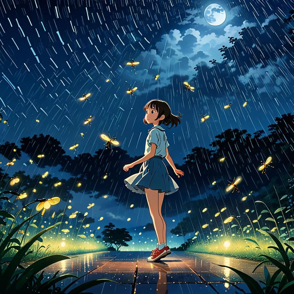 Miyazaki-Inspired Moonlight Dance in the Rain
