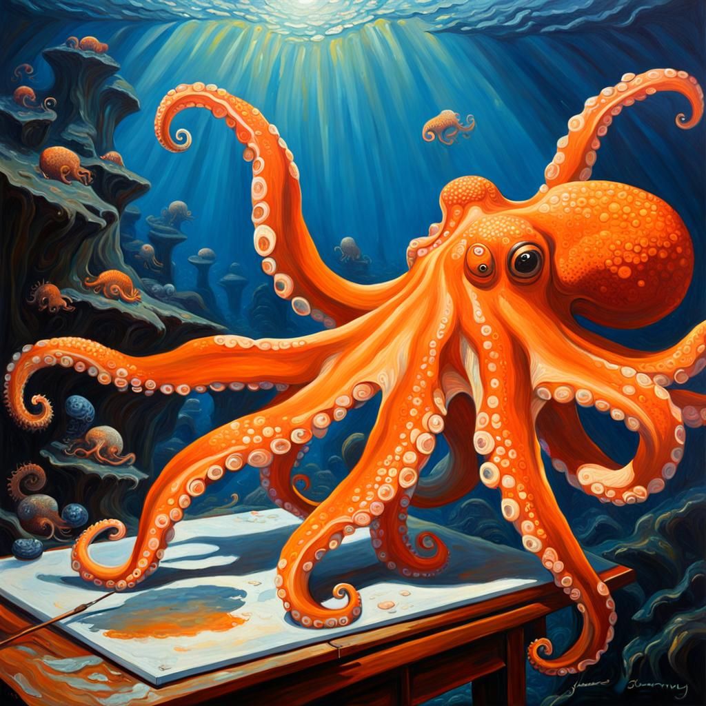 Orange Octopus Creates an Oil Painting