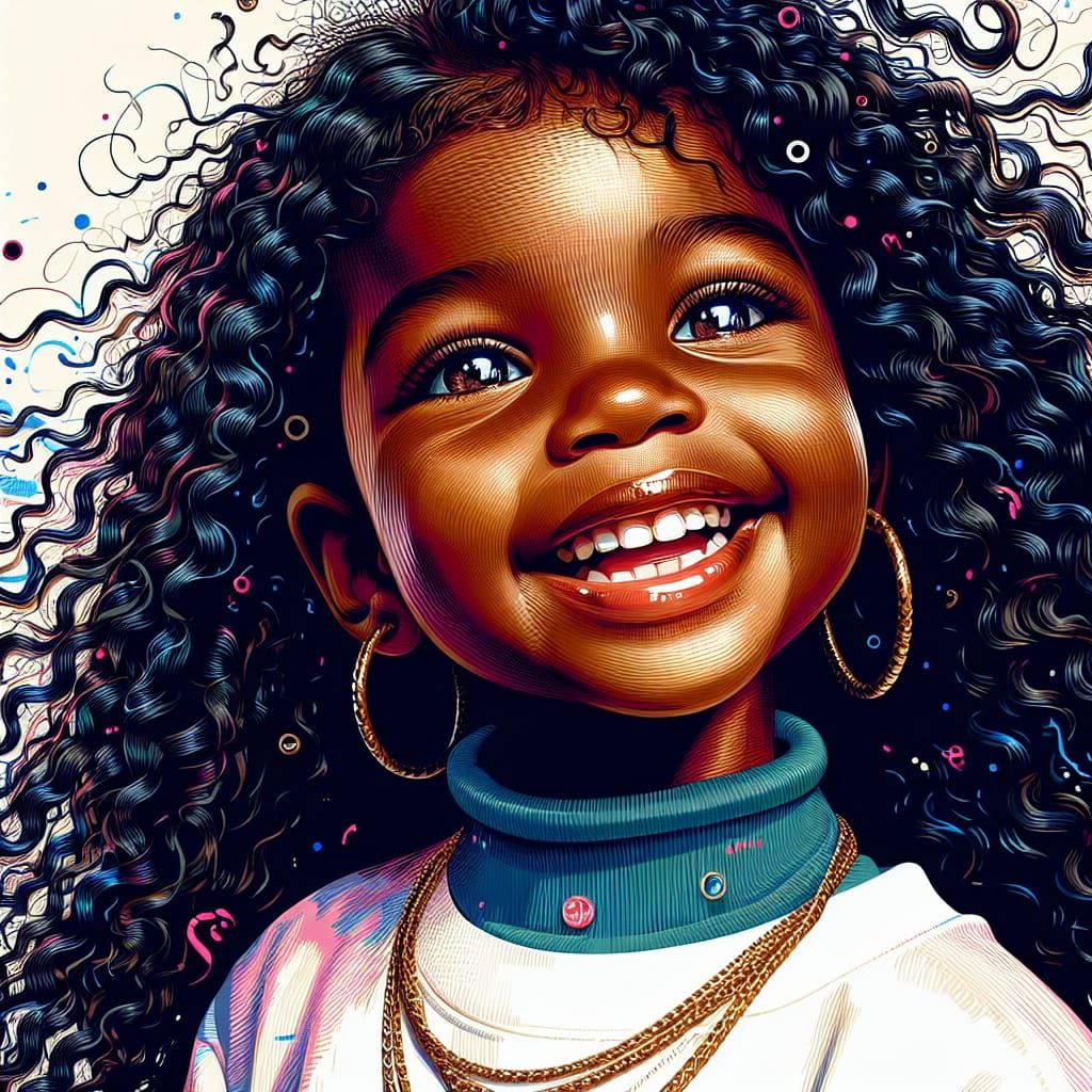 Joyful African-American Girl in Glossy Digital Oil Painting