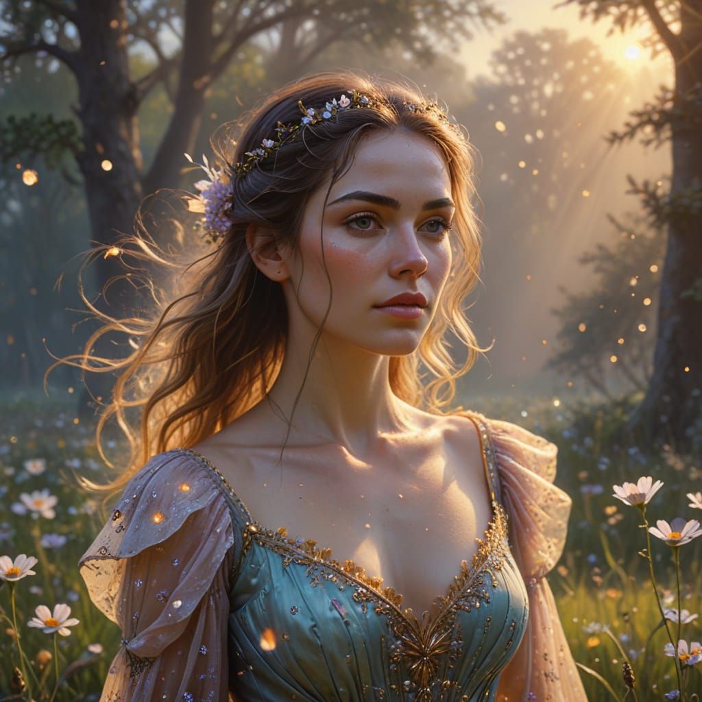Serene Woman in Misty Meadow: Fantasy Realism Portrait