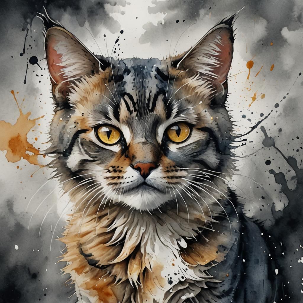 Hyperrealistic Watercolor Cat with Splash Effects