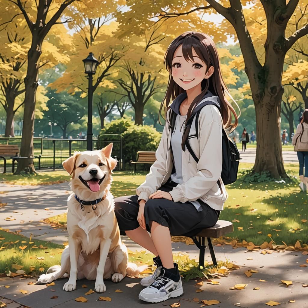 Anime Girl Smiling with Dog in Park