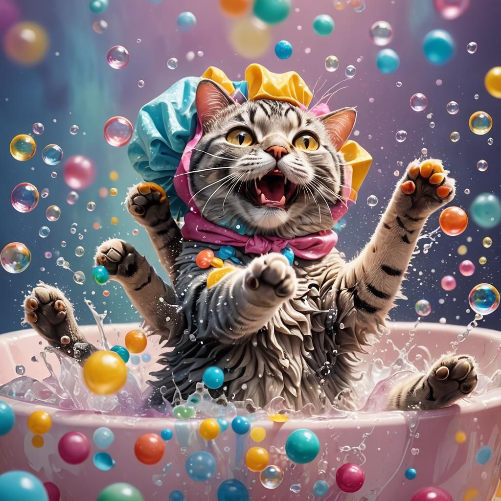 Happy Cat in Soap Suds: Hyperrealistic Splash Art