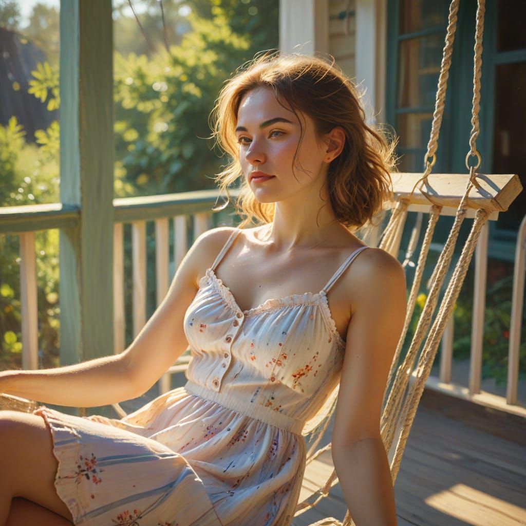 Impressionist Portrait of Woman on Porch Swing