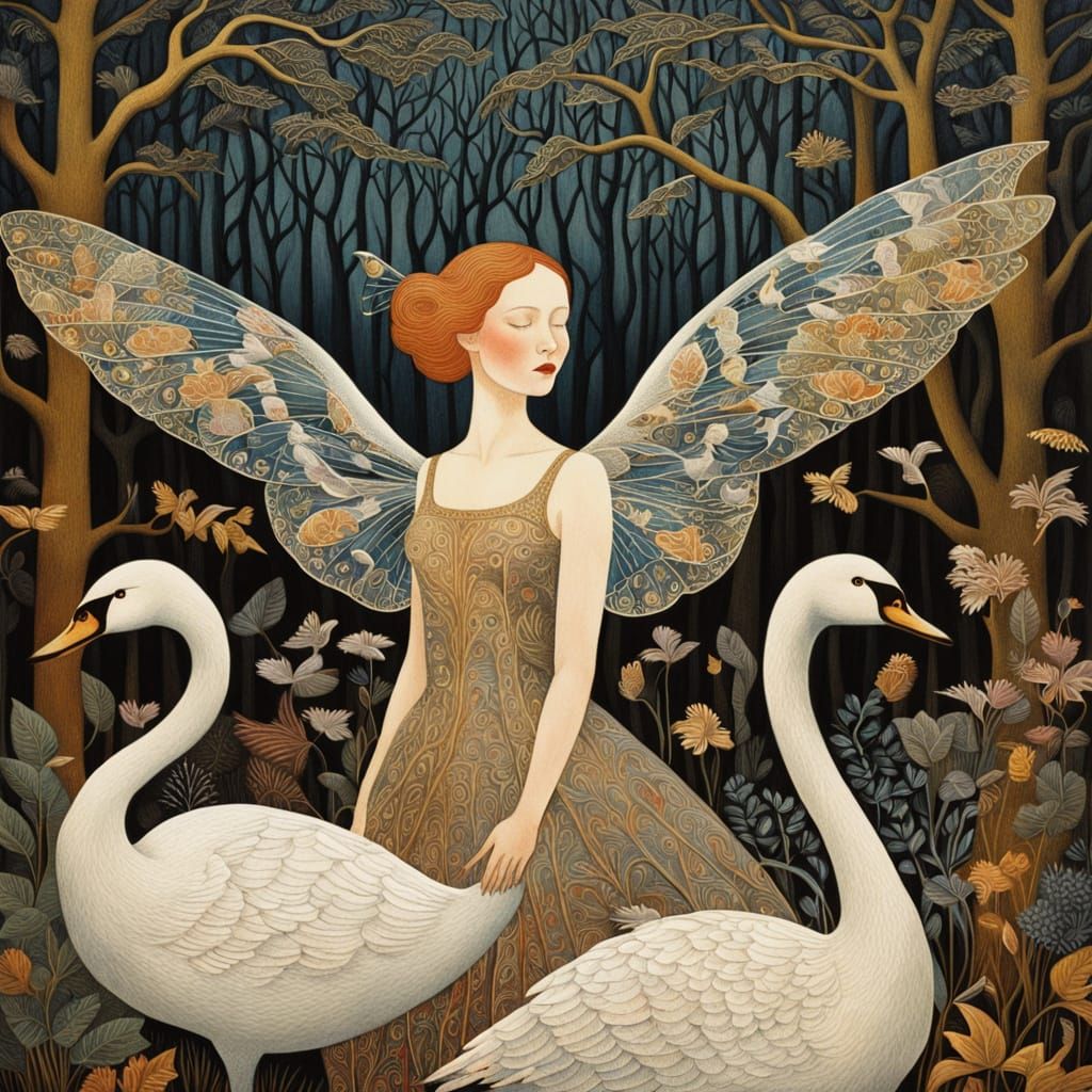 Surreal Women Rise from Forest with Swan Wings