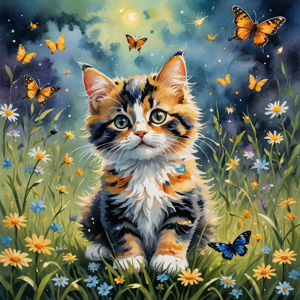Calico Kitten Plays in Meadow: Gouache Impressionist Style