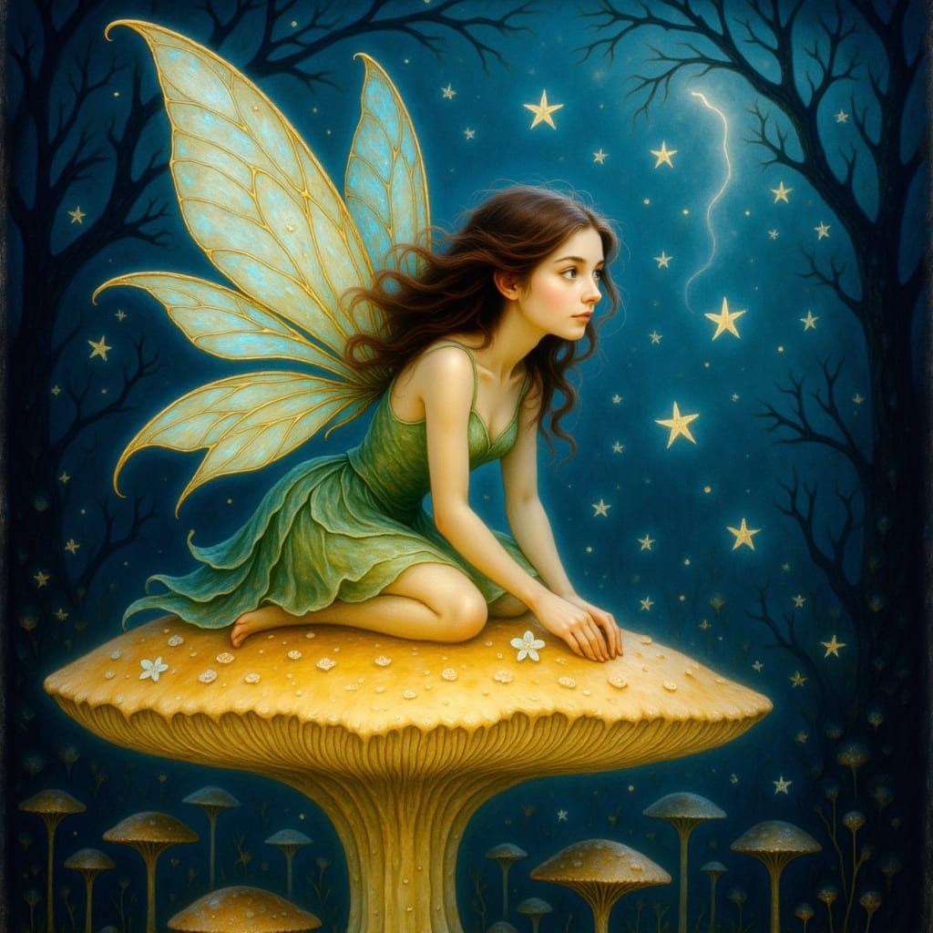 Bioluminescent Fairy Perched on Mushroom: Watercolor Style