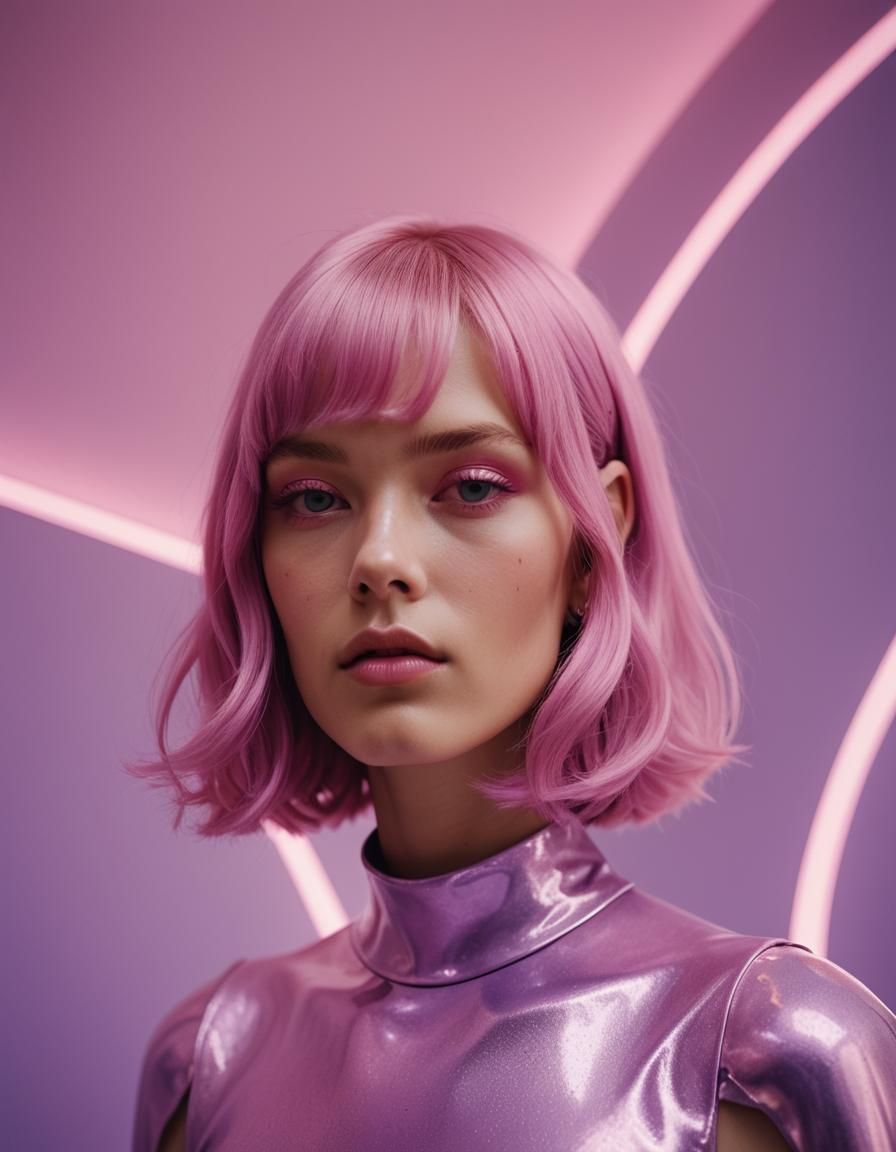 Neon Pink Bob Model in Lilac Dreamscape