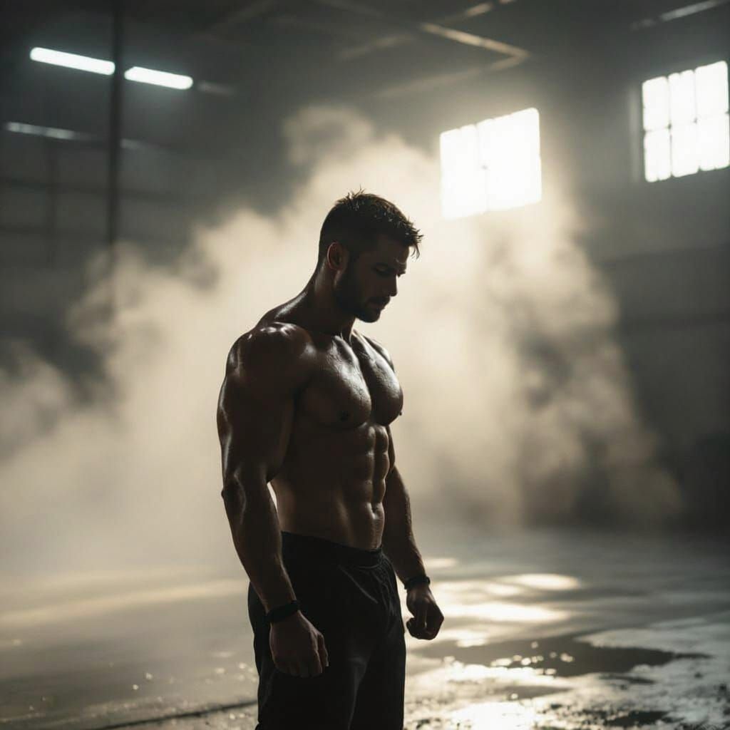 Man Training in Dark Warehouse with Dramatic Lighting