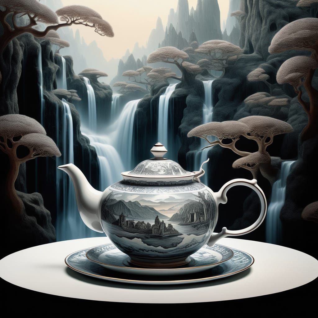 Surreal Waterfall Scene in Whimsical Teapot Diorama