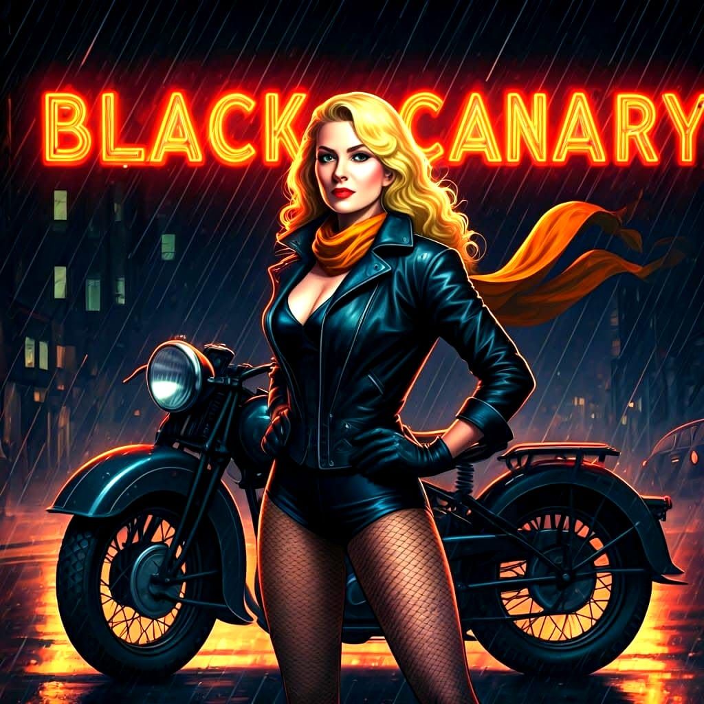 Black Canary Superheroine with Motorcycle, Oil Painting