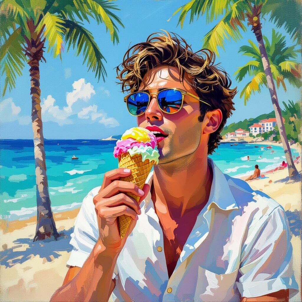 Ice Cream Beach Scene in Impressionist Style