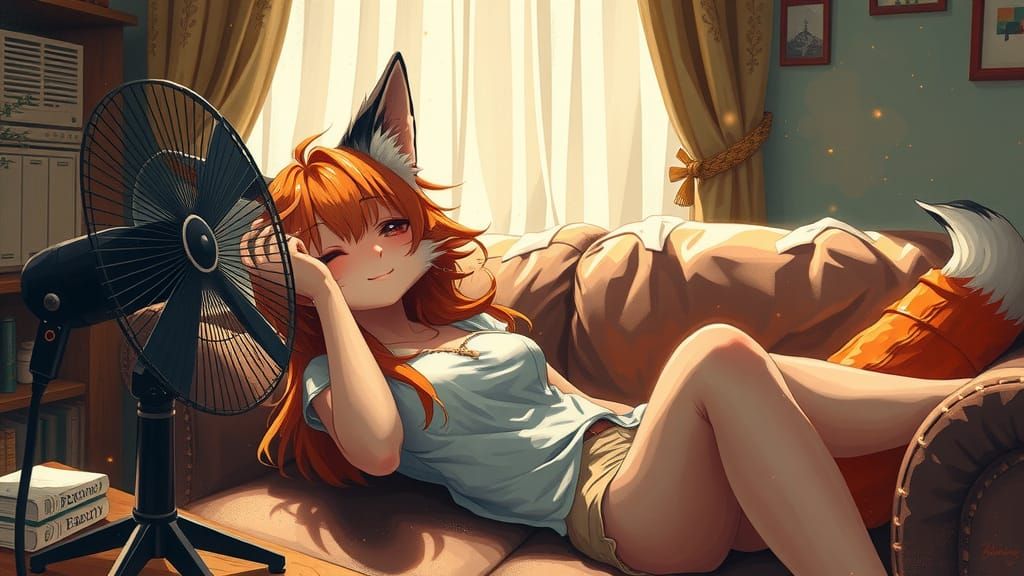 Anthropomorphic Fox Relaxing in Sweltering Heat as Impasto P...